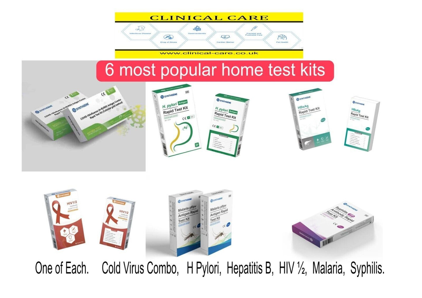 5 x 6 Rapid Test Kits. Cold Combo, Pylori, Hepatitis B, HIV 1/2, Malaria, Syphilis (Copy)